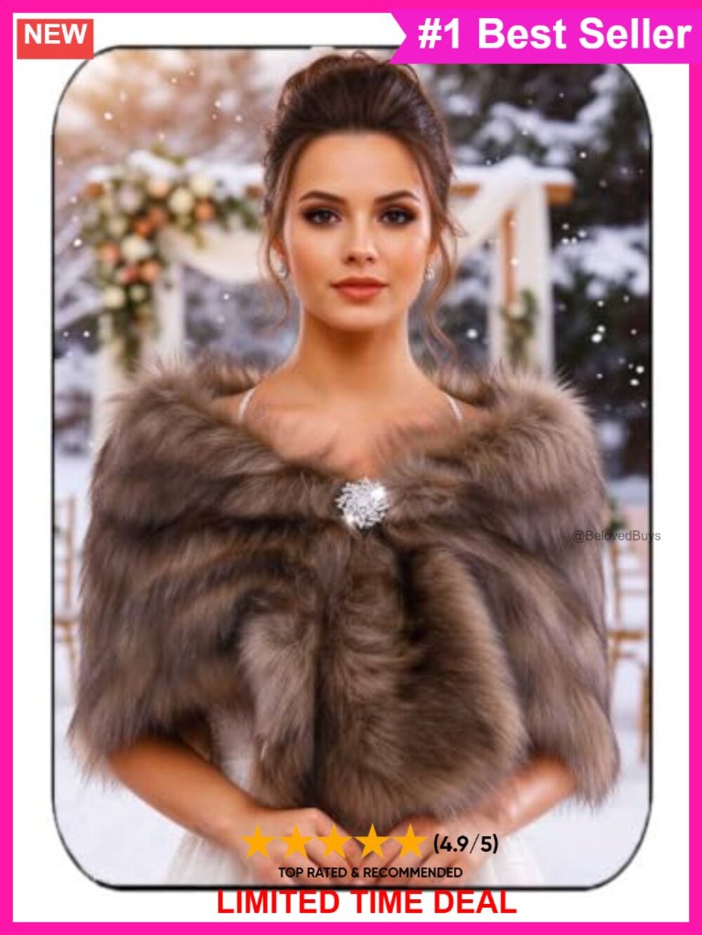 Faux Fur Shawl Wrap with Rhinestone Brooch Bridal Stole